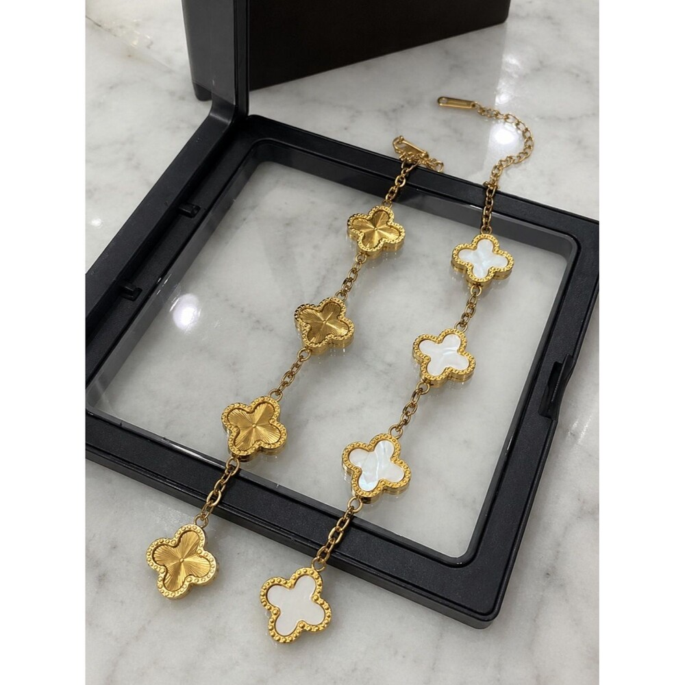 18K Gold Lucky Clover Bracelet Set White Enamel Dainty VC Alhambra Style Charm